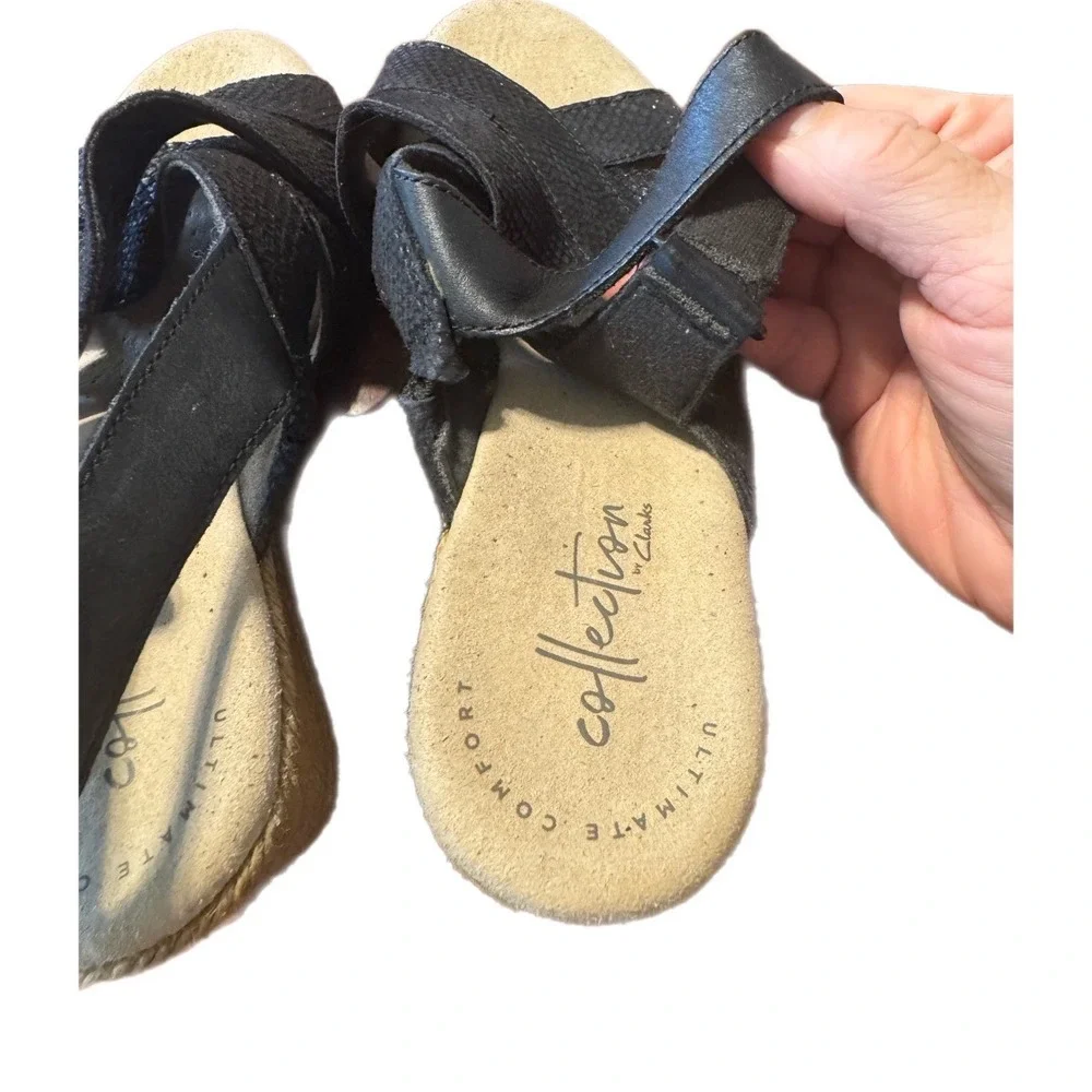 Clarks Collection Wedge Sandals Womens Black Snakeskin Espadrille 6.5 Comfort